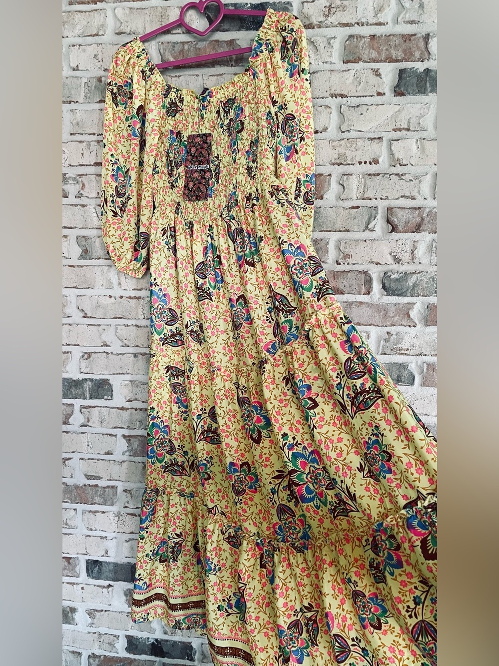 ME 2 MAGIC NWT Boho Yellow Floral Smocked Tiered Maxi Colorful Dress Size M